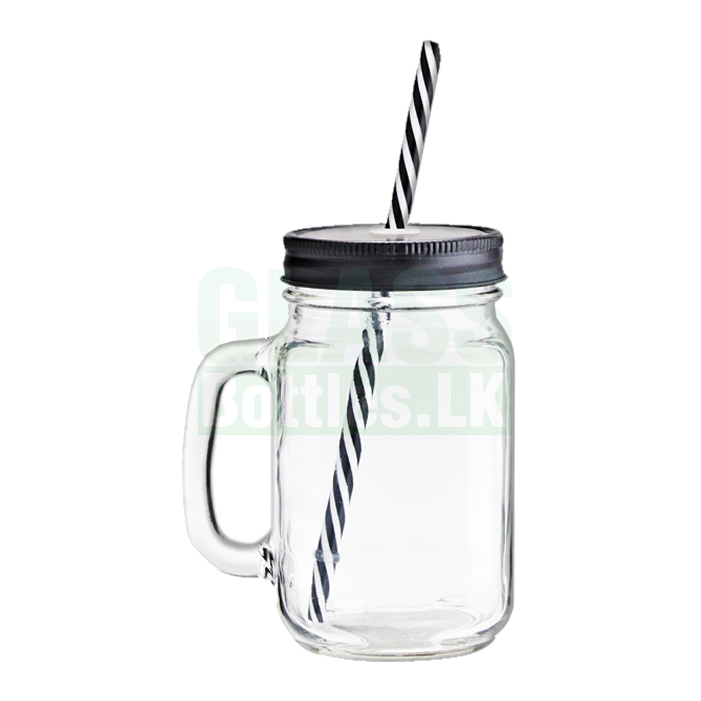 16oz Square Mason Glass Jar Handle Mug With Straw